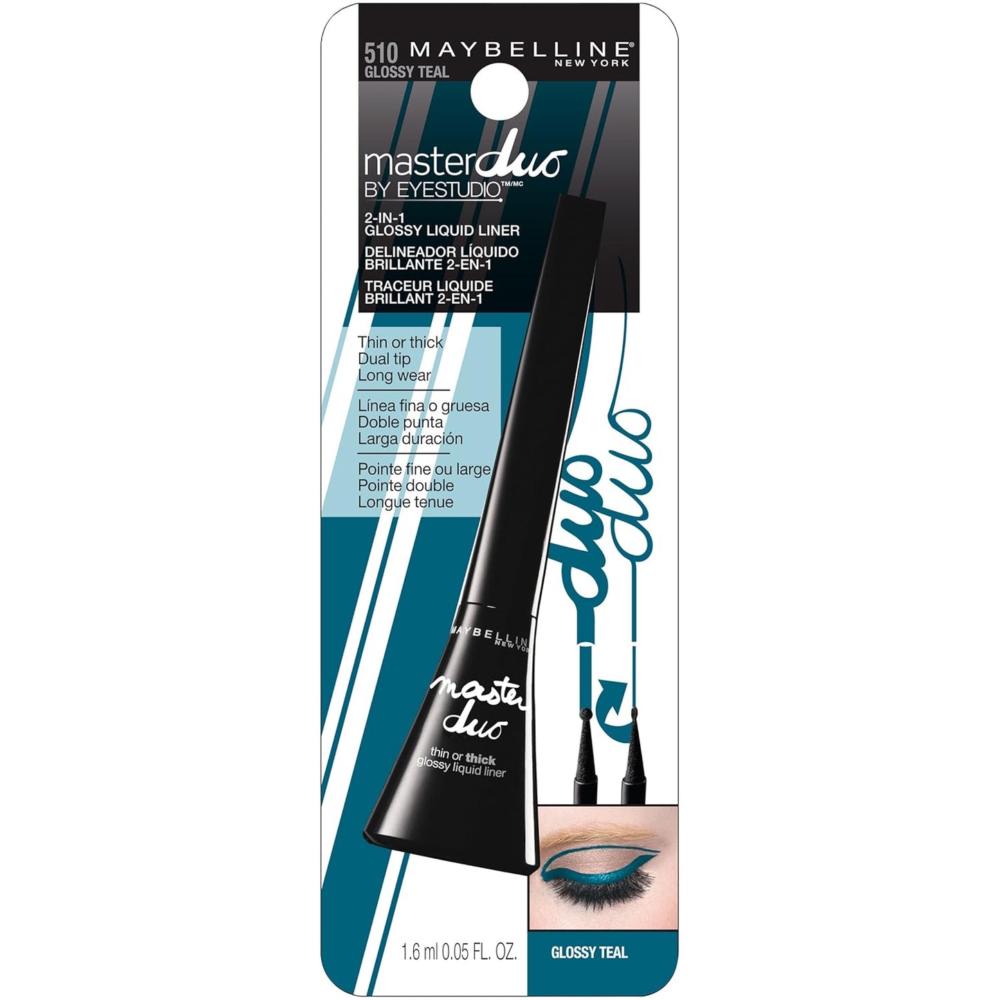 Maybelline New York Eye Studio Master Duo Glossy Liquid Liner, 510 Glossy Teal, 0.05 Fl Oz