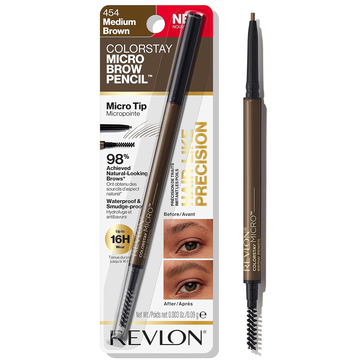 Revlon ColorStay Micro Eyebrow Pencil, Waterproof, Smudgeproof, 454 Medium Brown